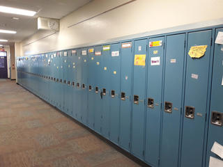 Blue lockers with notes on them